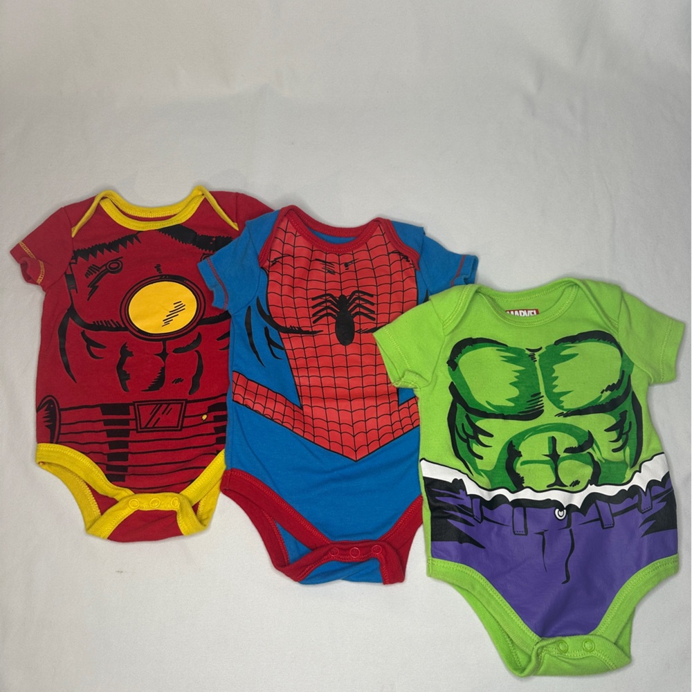 Marvel Superhero Baby Bodysuit Set - Ironman, Spiderman, and Hulk 0-3 Months